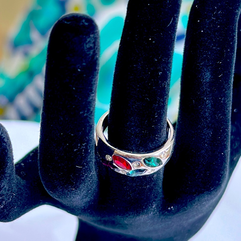 Vintage Silver Band Ring Size 6 Multi Colored Stones